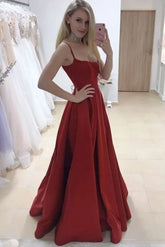 Burgundy Satin A-Line Simple Long Evening Prom Dresses with Split